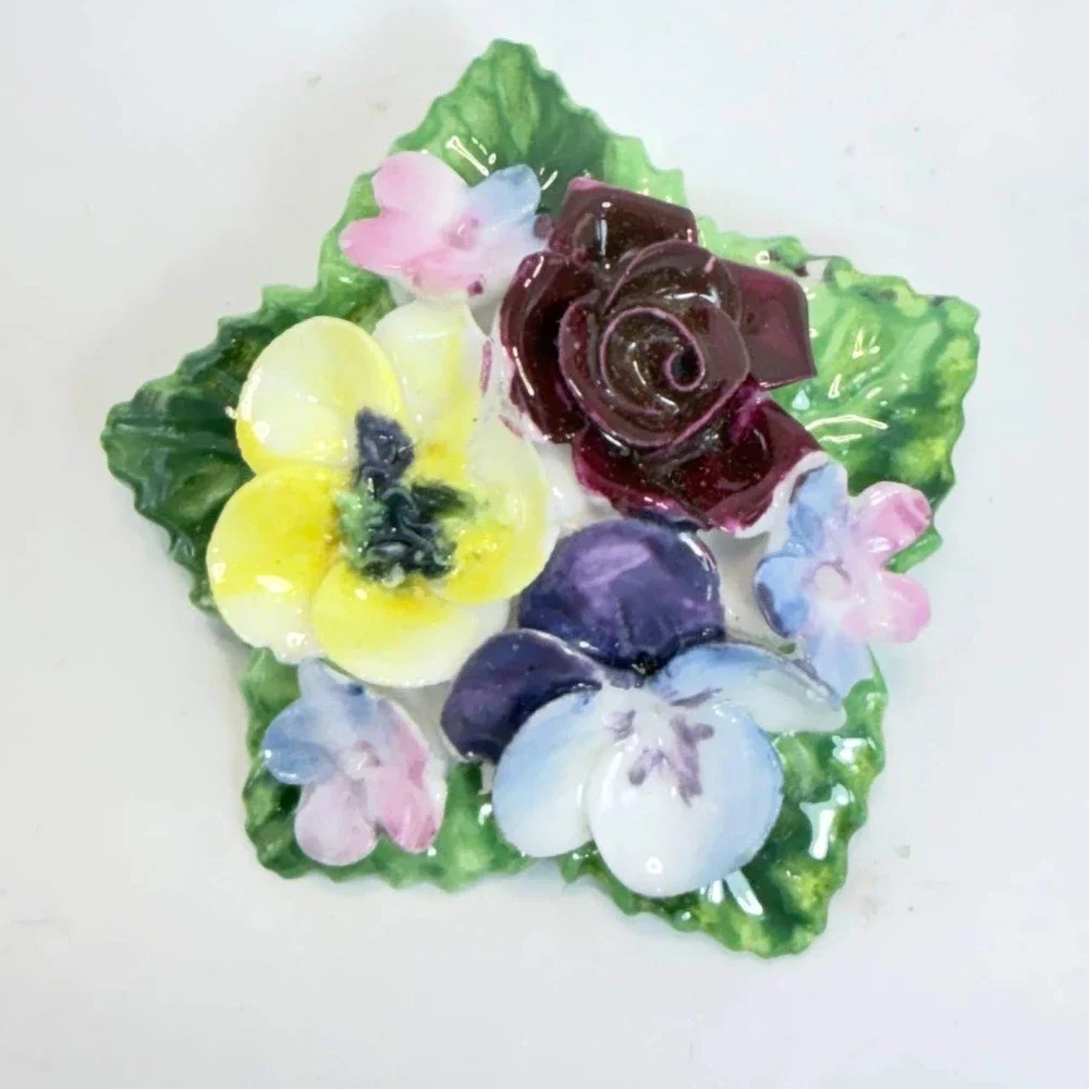 Vintage Made in England Bone China Floral Brooch and Clip On Earrings Set